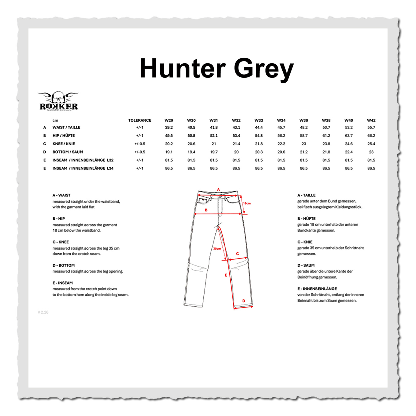 Maßtabelle für eine graue Jeans mit Größenwerten, zweisprachigen Erklärungen und schematischer Zeichnung.